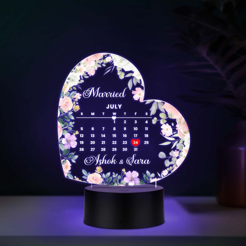 Personalized Heart Shape Wedding LED Lamp Custom with Names and Marriage Date – Romantic Anniversary & Wedding Gift for Couples, Husband, Wife | Multicolored Light with USB Cable